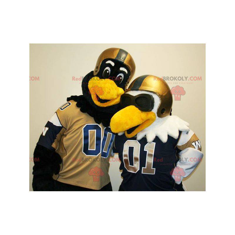 2 bird mascots one black and one white with helmets -