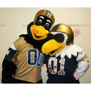 2 bird mascots one black and one white with helmets -
