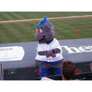 Graues und blaues Vogelmaskottchen in Sportbekleidung -