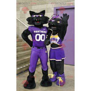 2 mascottes de panthères noires de chats en tenues violettes -
