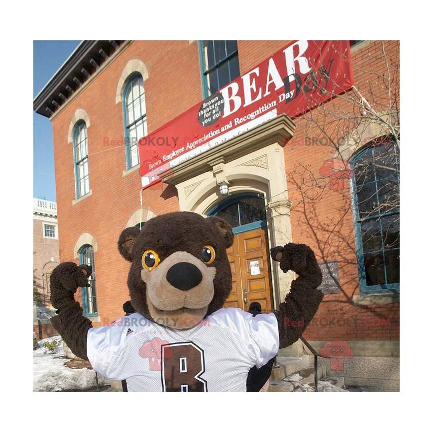 Brown bear mascot in white sportswear - Redbrokoly.com