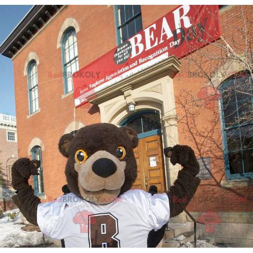 Brown bear mascot in white sportswear - Redbrokoly.com