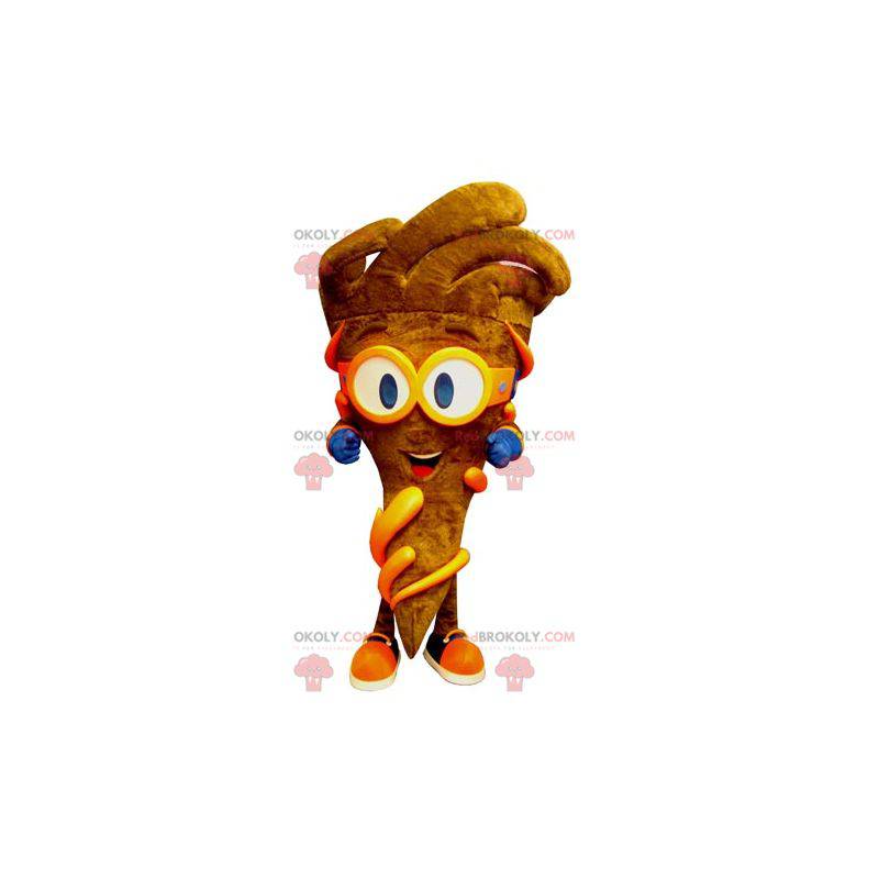 Mascotte de cornet de frites marron avec des lunettes -