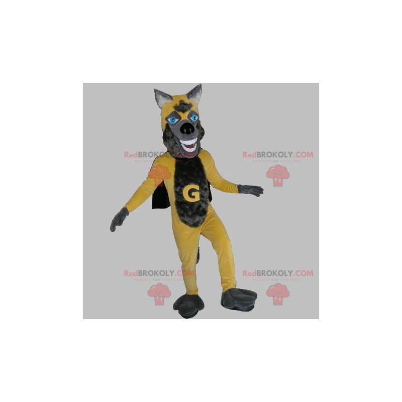 Yellow and gray wolf mascot with a cape - Redbrokoly.com