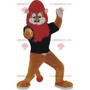 Mascotte de lion marron et blanc avec la crinière rouge -