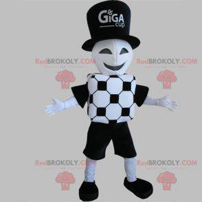 Mascota de árbitro portero vestida de blanco y negro -