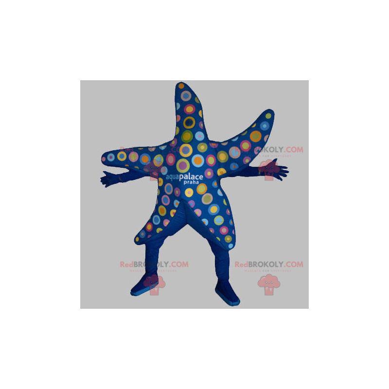 Mascota estrella de mar azul con círculos de colores -