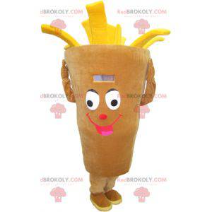 Mascote gigante em cone de batata frita bege e amarelo -