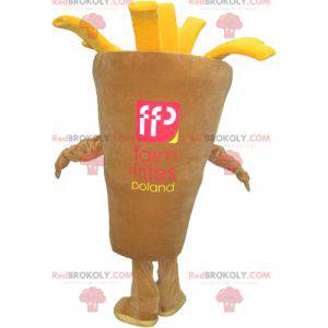 Mascote gigante em cone de batata frita bege e amarelo -