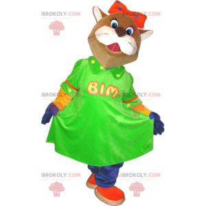 Mascotte de chat marron et blanc avec une robe verte -