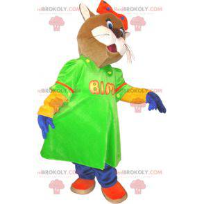 Mascotte de chat marron et blanc avec une robe verte -