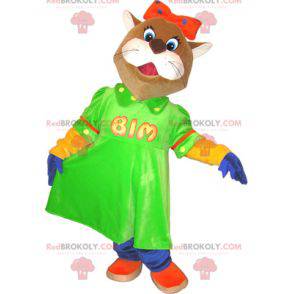 Mascotte de chat marron et blanc avec une robe verte -