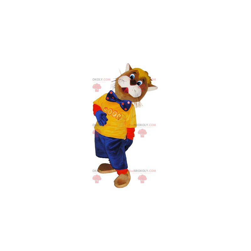 Brown and white cat mascot dressed in blue and yellow - Brown and white cat mascot dressed in blue and yellow -