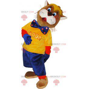 Mascote gato marrom e branco vestido de azul e amarelo -