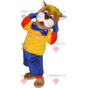 Mascote gato marrom e branco vestido de azul e amarelo -