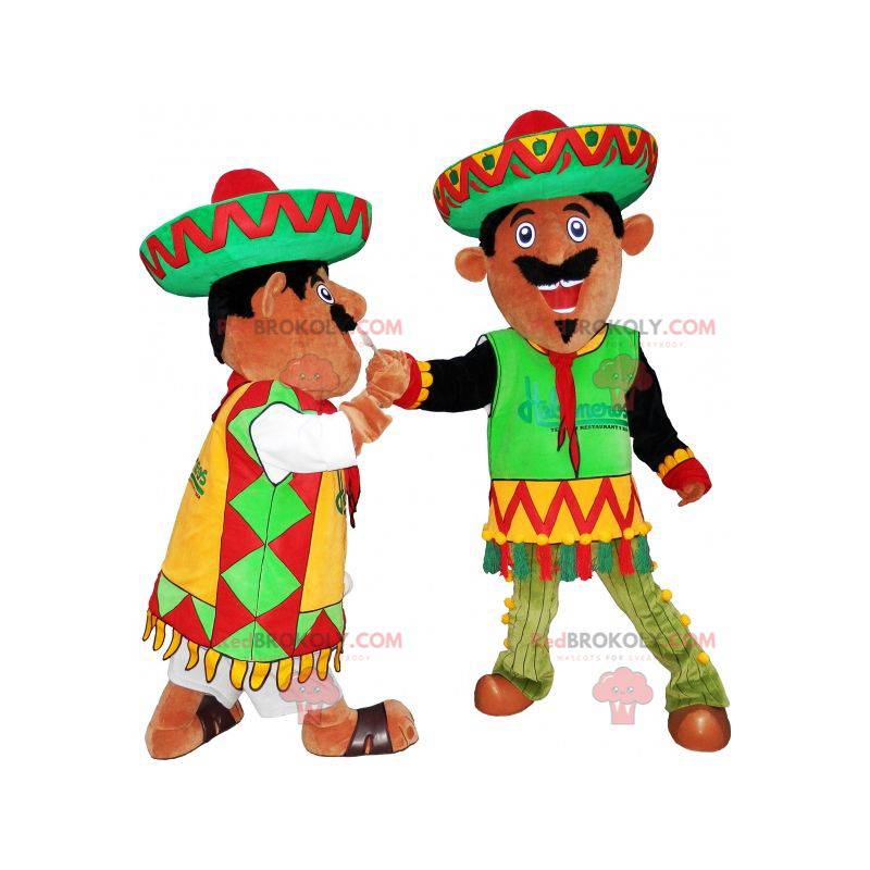 2 mascotes mexicanos vestidos com roupas tradicionais -