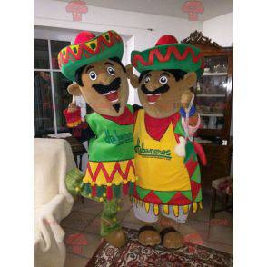 2 mascotes mexicanos vestidos com roupas tradicionais -