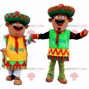 2 mascotes mexicanos vestidos com roupas tradicionais -