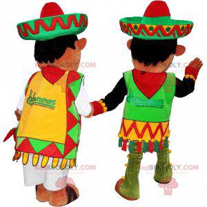 2 mascotes mexicanos vestidos com roupas tradicionais -