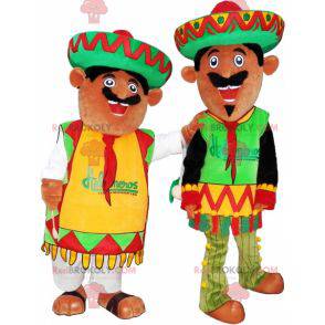 2 mascotes mexicanos vestidos com roupas tradicionais -