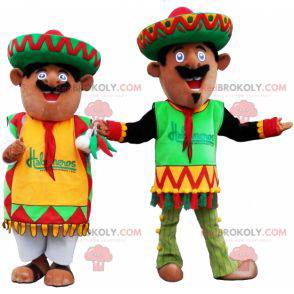 2 mascotes mexicanos vestidos com roupas tradicionais -