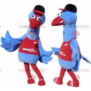 2 mascotes de pássaros azuis e vermelhos. 2 avestruzes -