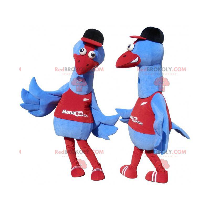 2 mascottes d'oiseaux bleus et rouges. 2 autruches -