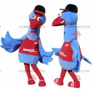 2 mascottes d'oiseaux bleus et rouges. 2 autruches -