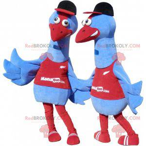 2 mascotes de pássaros azuis e vermelhos. 2 avestruzes -