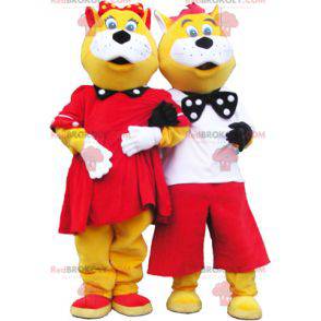 2 mascots of yellow and white cats well dressed - Redbrokoly.com