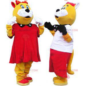 2 mascottes van gele en witte katten, goed gekleed -