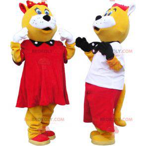 2 mascottes van gele en witte katten, goed gekleed -