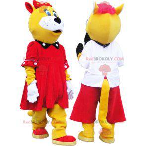 2 mascottes van gele en witte katten, goed gekleed -