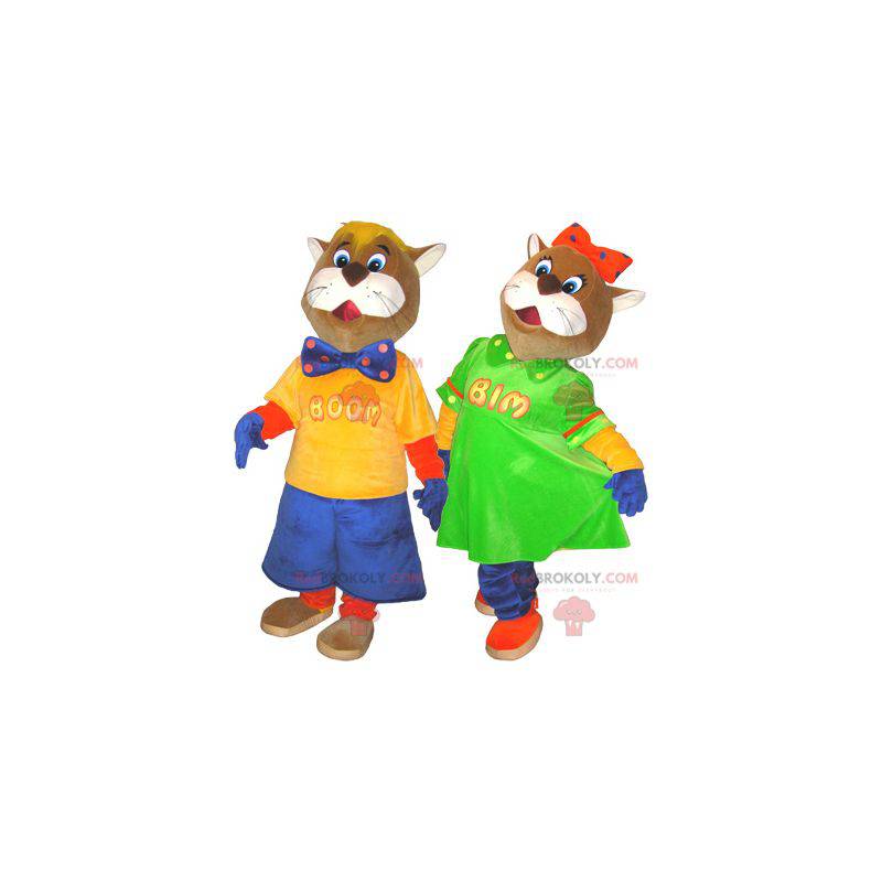 2 mascotte di gatti marroni e bianchi in abiti colorati - 2 mascotte di gatti marroni e bianchi in abiti colorati -