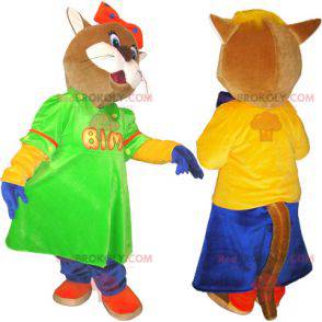 2 mascots of brown and white cats in colorful outfits -