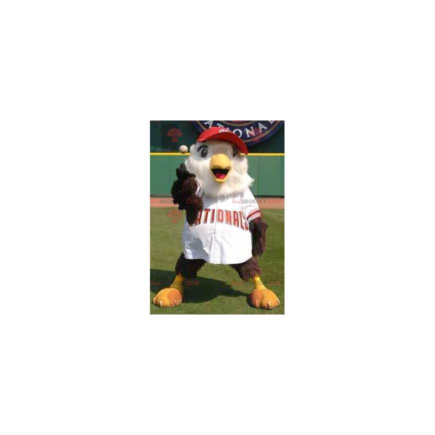 Mascotte de gros oiseau marron et blanc en tenue de baseball -