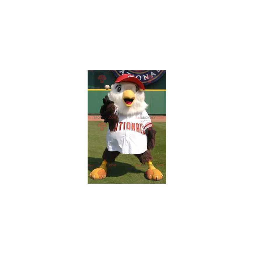 Mascotte grote bruine en witte vogel in honkbal-outfit -