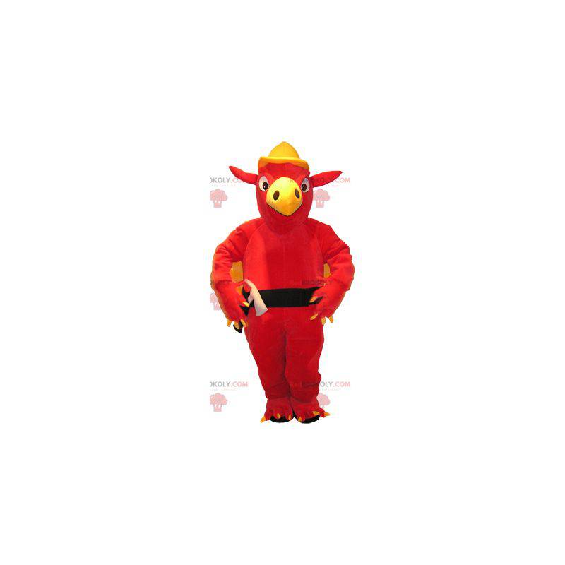 Mascote pássaro abutre-vermelho em traje de faz-tudo -