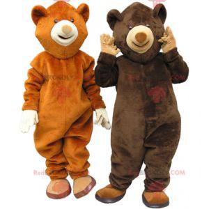 2 mascottes d'ours un ours brun et un ours marron -