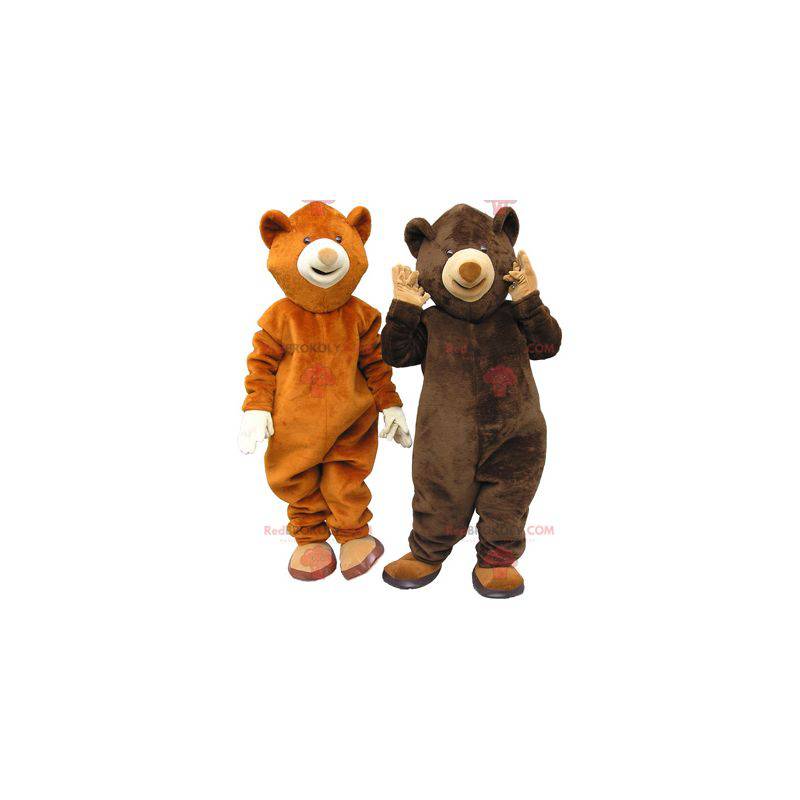 2 mascottes d'ours un ours brun et un ours marron -