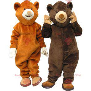 2 mascottes d'ours un ours brun et un ours marron -