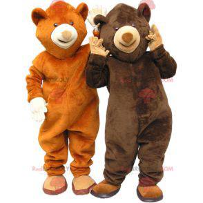 2 mascottes d'ours un ours brun et un ours marron -