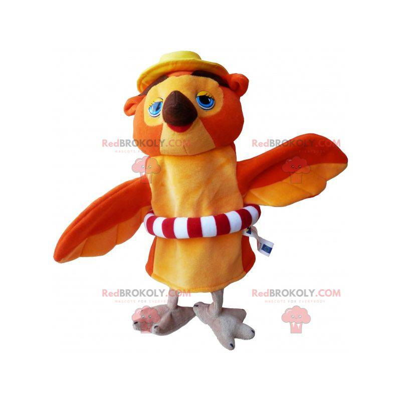 Oranje en beige uilmascotte met een boei - Redbrokoly.com