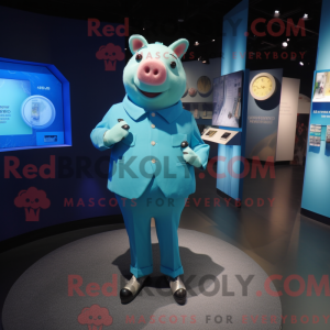 Cyan Pig maskot kostume...