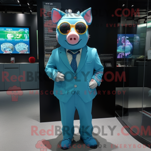 Cyan Pig maskot kostume...