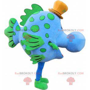 Blauwe en groene vismascotte met een hoed - Redbrokoly.com