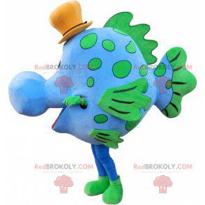 Mascote peixe azul e verde com chapéu - Redbrokoly.com