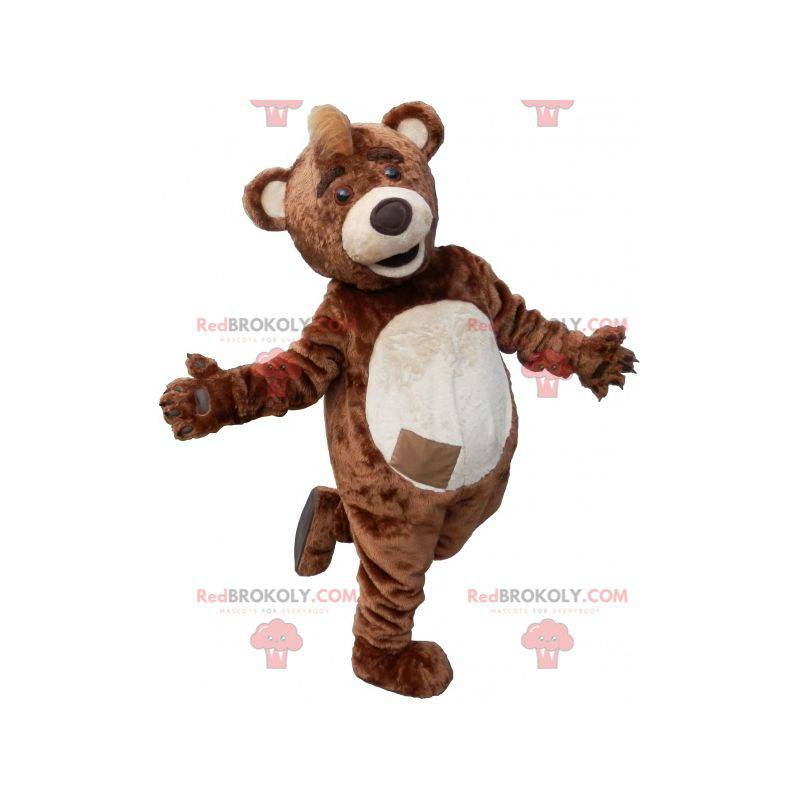 Mascote urso de pelúcia marrom e bege com uma crista na cabeça