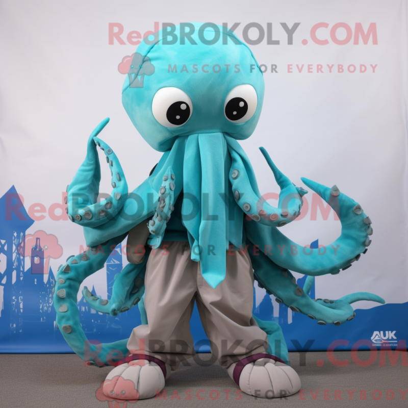 Fantasia de mascote de kraken turquesa com calça cargo e cachecóis - Mascotes Kraken - REBROKO_212085 - RedBrokoly.com