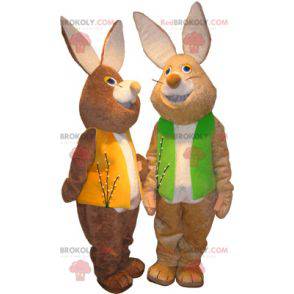 2 mascots of brown and white rabbits with colored vests -